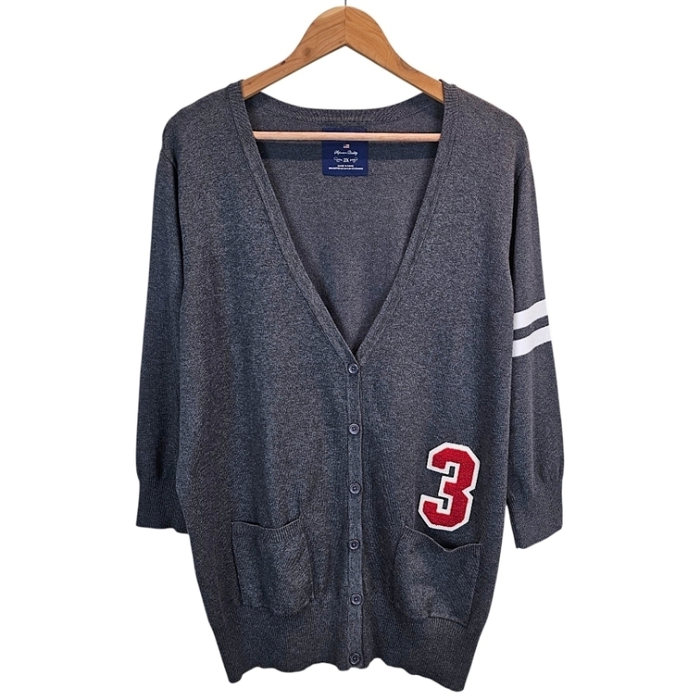 U.S. Polo Assn. Womens V-Neck Varsity Cardigan Sweater 2X Gray University Preppy